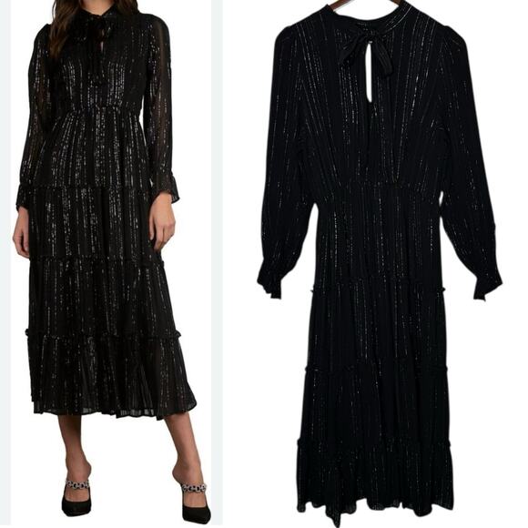 Elan Dresses & Skirts - Elan Shimmer Stripe Black Tiered Midi Dress Long Sleeve Tie Neck size Medium